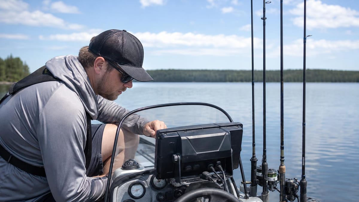 A man in a cap and sunglasses wearing a gray hoodie leans over a boat's console adjusting a fish finder, with several fishing rods mounted in holders and a calm forested lake behind him