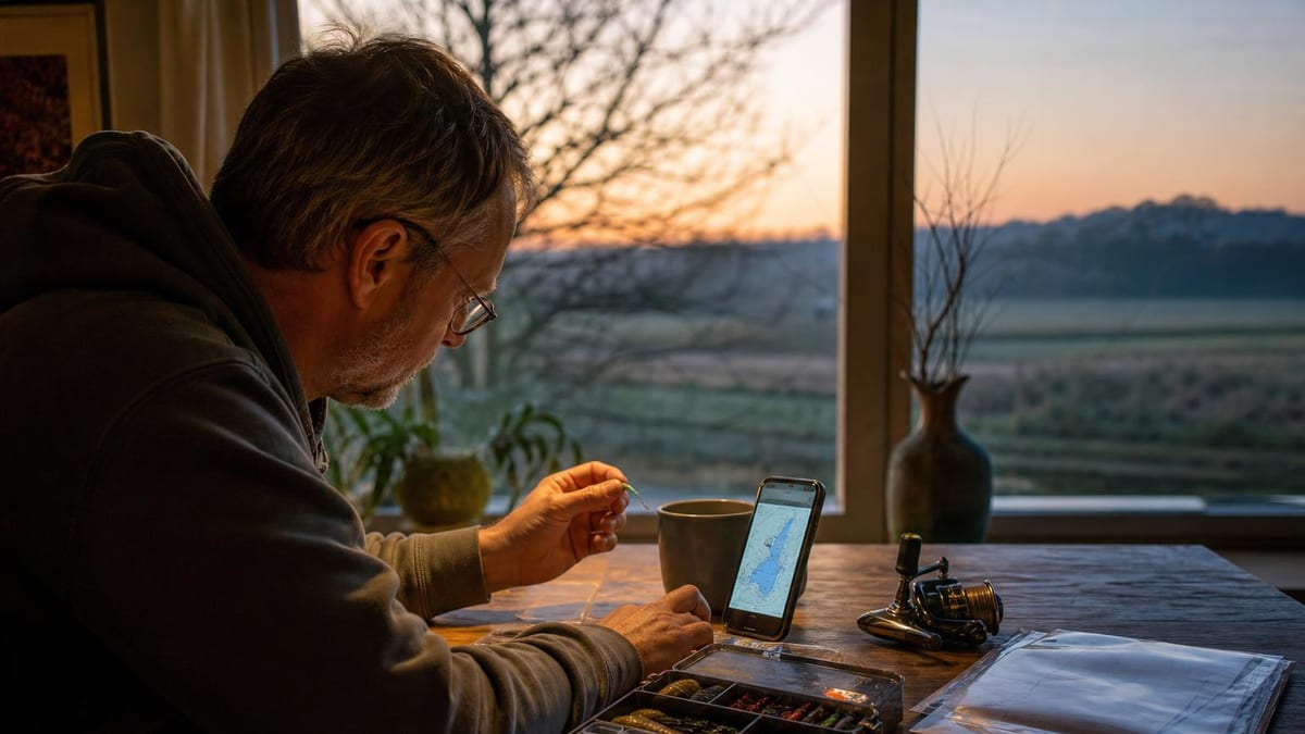 A bearded man in a hooded sweatshirt sits at a wooden table at dusk, examining a small fishing lure while looking at a smartphone displaying a map, with an open tackle box, a fishing reel, and plastic bags nearby in front of a window overlooking a field at sunset