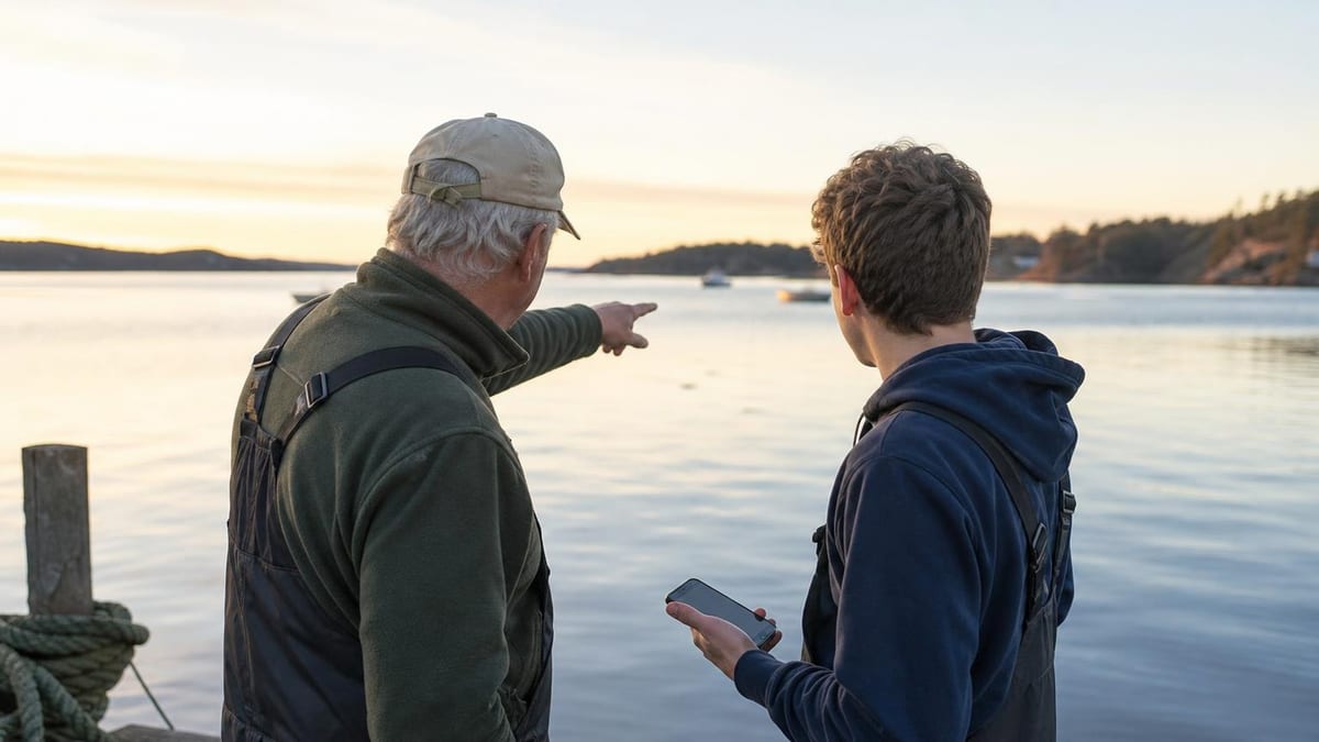 Two men in fishing overalls stand on a wooden dock at sunset, with the older man in a cap pointing across the calm water while the younger man holds a smartphone