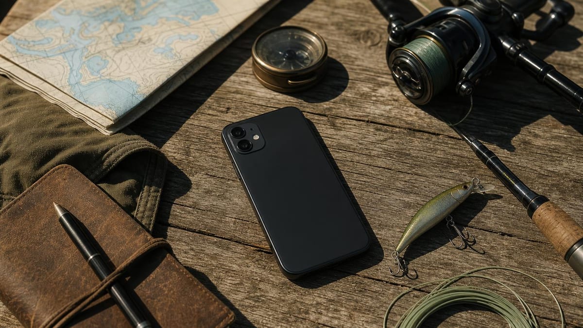 An overhead editorial flat lay on weathered wood shows a black smartphone surrounded by a nautical map, brass compass, fishing rod with spinning reel, a minnow-style lure with treble hooks, coiled fishing line, and a leather-bound notebook with a pen