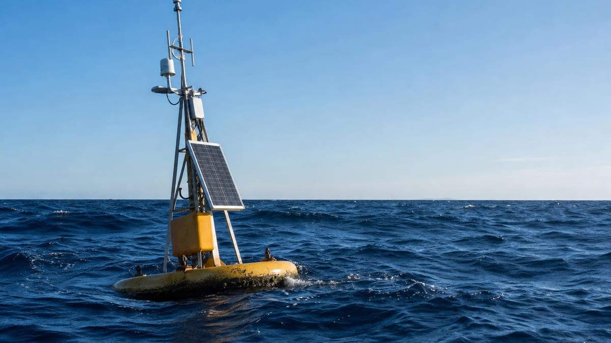 A yellow oceanographic monitoring buoy equipped with a solar panel, mast, antennas, and sensors floats on choppy dark blue ocean water under a clear blue sky