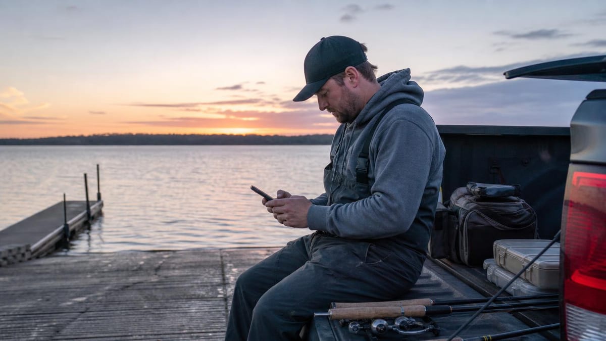 A bearded man in a cap and gray hoodie with overalls sits on the tailgate of a pickup truck loaded with fishing rods and tackle, looking at his phone beside a calm lake at sunset