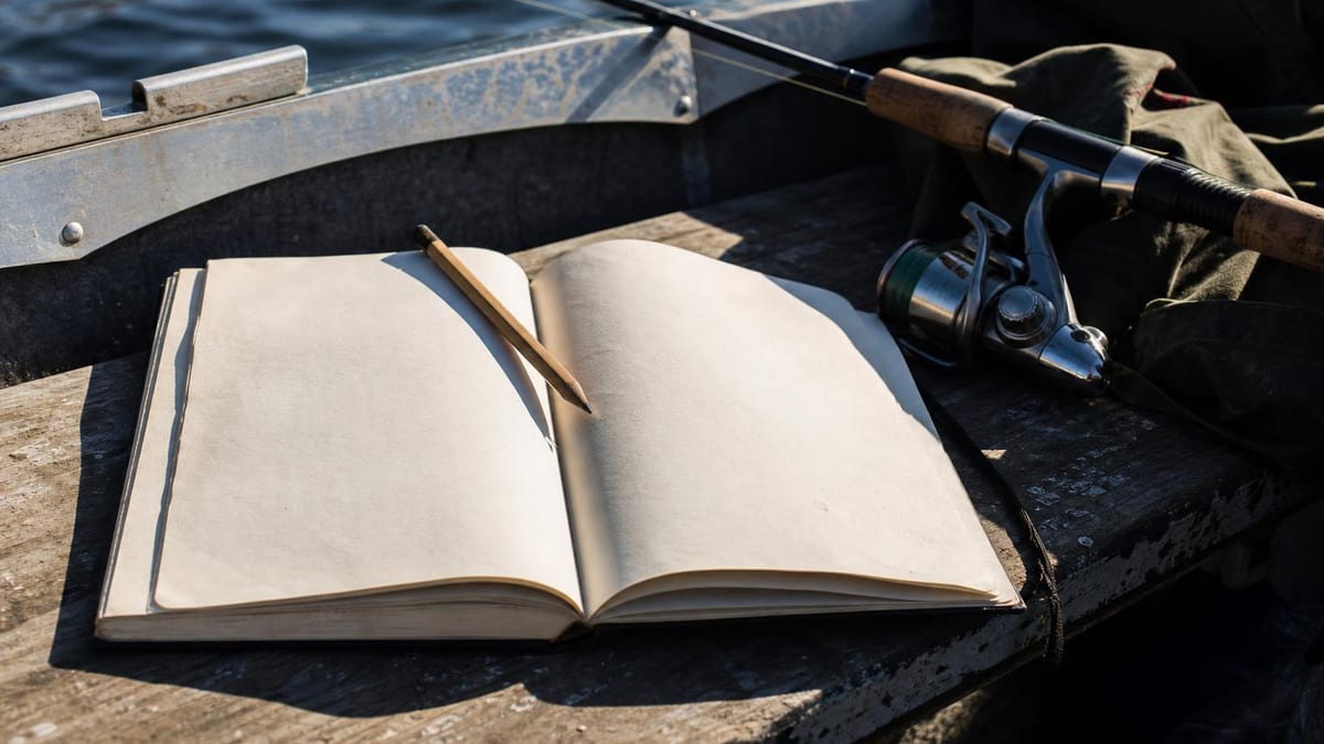 A blank logbook lying open on a weathered boat bench with a pencil across its pages, a rod and spinning reel resting beside it at the water's edge