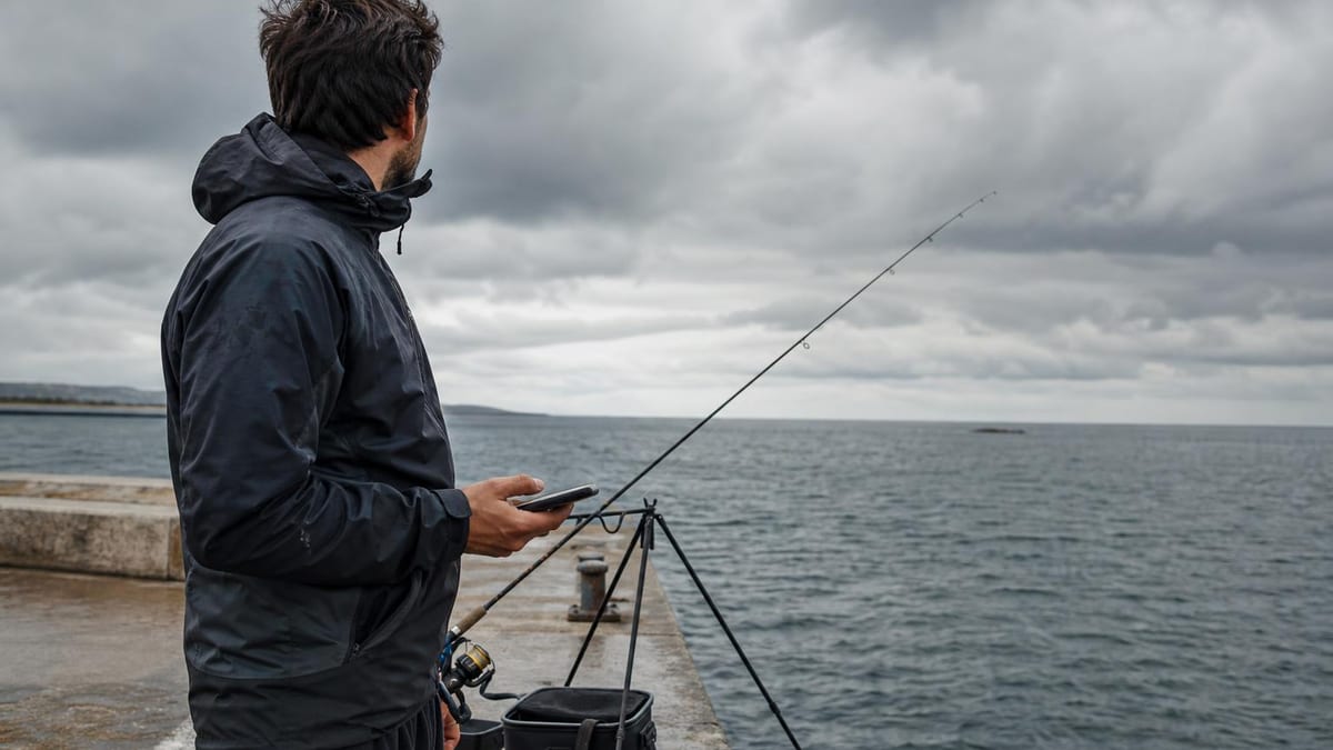 A man in a dark hooded jacket stands on a concrete pier holding a smartphone while his fishing rod rests on a tripod stand pointing out over a calm gray sea under an overcast sky