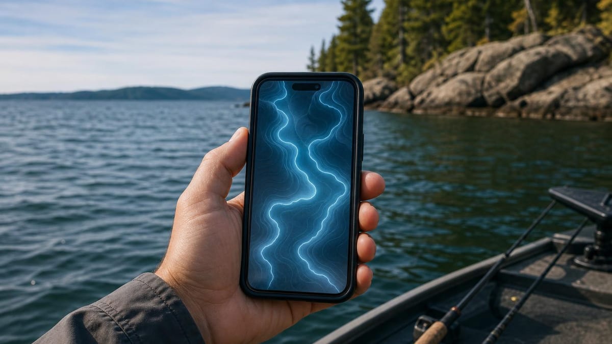 A hand holding a phone with an abstract glowing contour map on screen, over open water from a boat with a rocky tree-lined shoreline behind