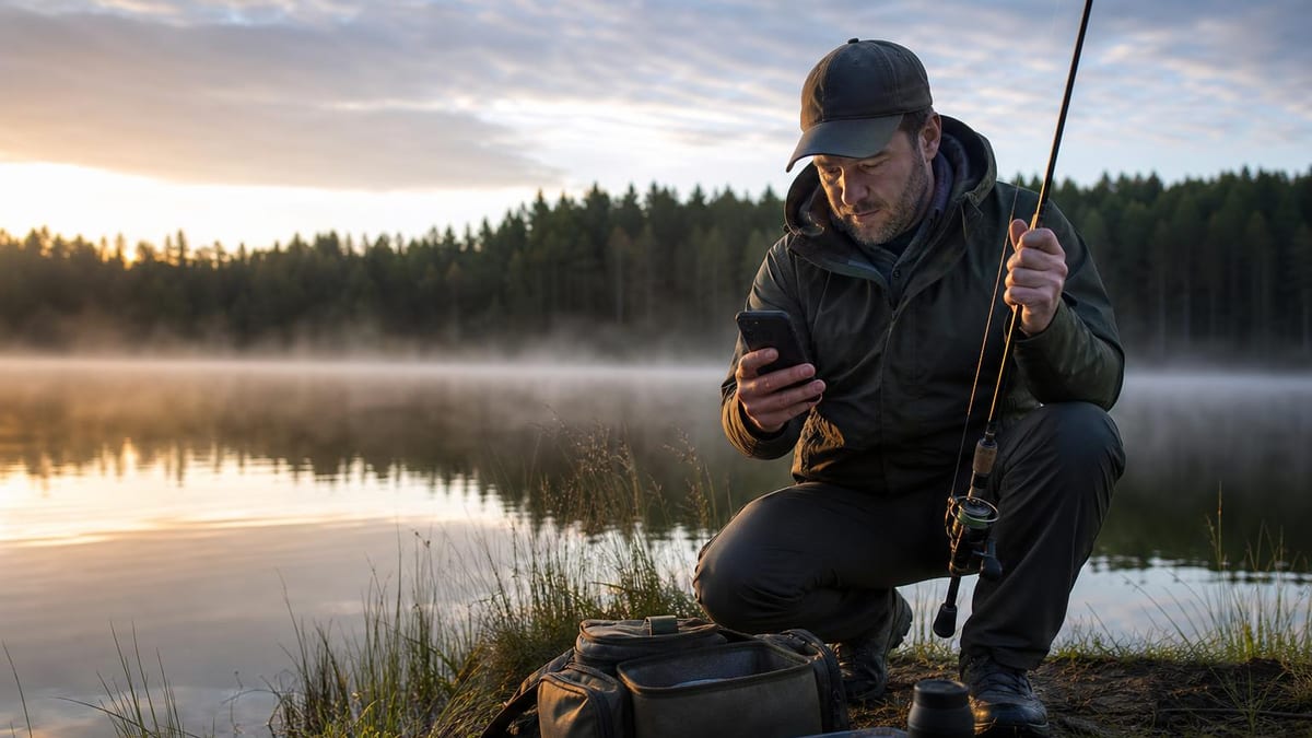 A bearded man in a cap and dark jacket kneels on the shore of a misty forest lake at dawn, looking at a smartphone in one hand while holding a fishing rod with a spinning reel in the other, with a tackle bag, open lure box, and thermos on the ground beside him