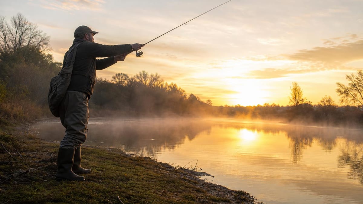 A man in waders and a cap stands on a grassy riverbank casting a spinning rod over misty water at sunrise, with silhouetted trees lining the far shore