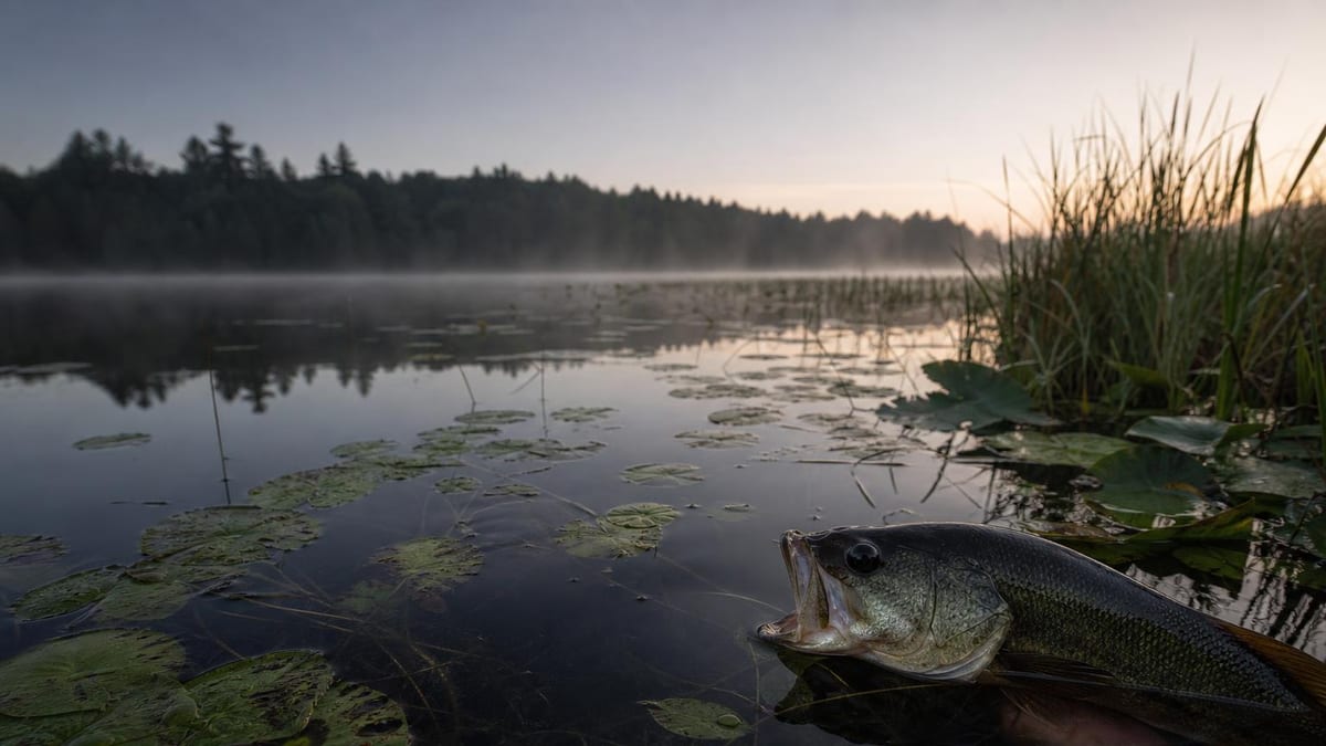 A largemouth bass surfacing among lily pads on a still, misty pond at dawn — the calm, weedy, warm conditions in which dissolved oxygen bottoms out before sunrise