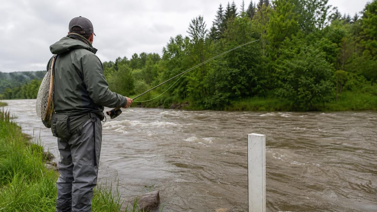 An angler fly fishing from a grassy bank as the river runs high and off-color after rain, a plain white water-level gauge post standing in the current