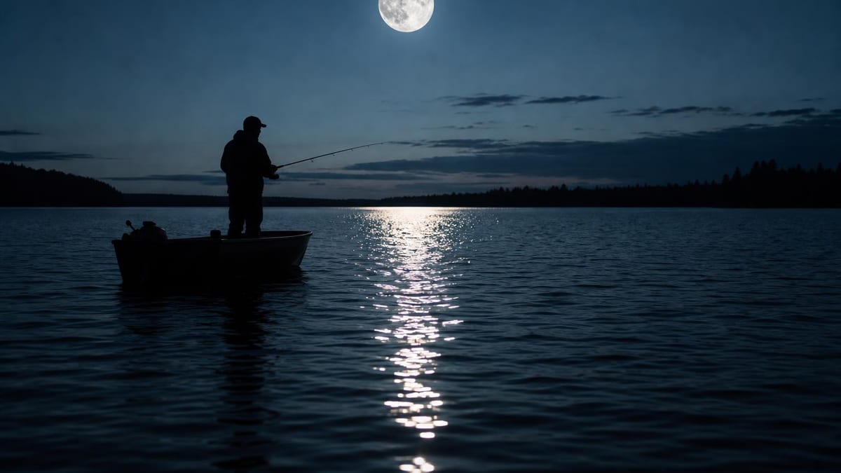 A silhouetted person stands in a small boat holding a fishing rod on a calm lake at night, with a large full moon casting a bright reflection across the rippling water