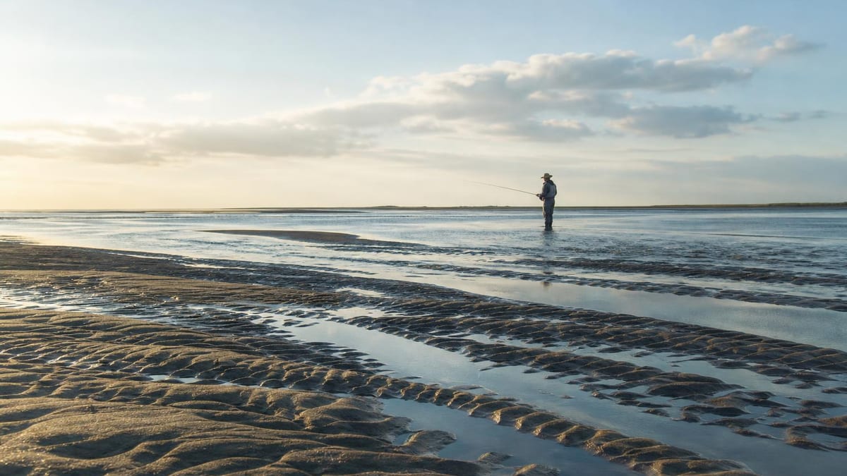 A lone angler in a wide-brimmed hat wades in shallow tidal water casting a fly rod at sunset, with rippled sand flats and a soft cloudy sky in the background