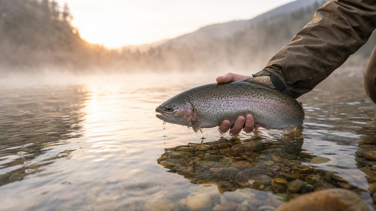 A person's hand holds a wet rainbow trout just above the surface of a shallow, pebble-bottomed river at sunrise, with misty mountains in the background