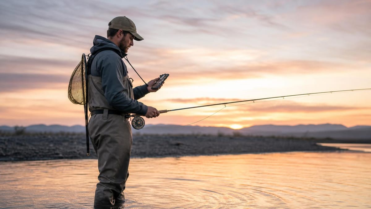 A bearded man in chest waders and a cap stands knee-deep in calm water at sunset, holding a fly rod in one hand and an open fly box in the other, with a landing net strapped to his back and mountains on the horizon