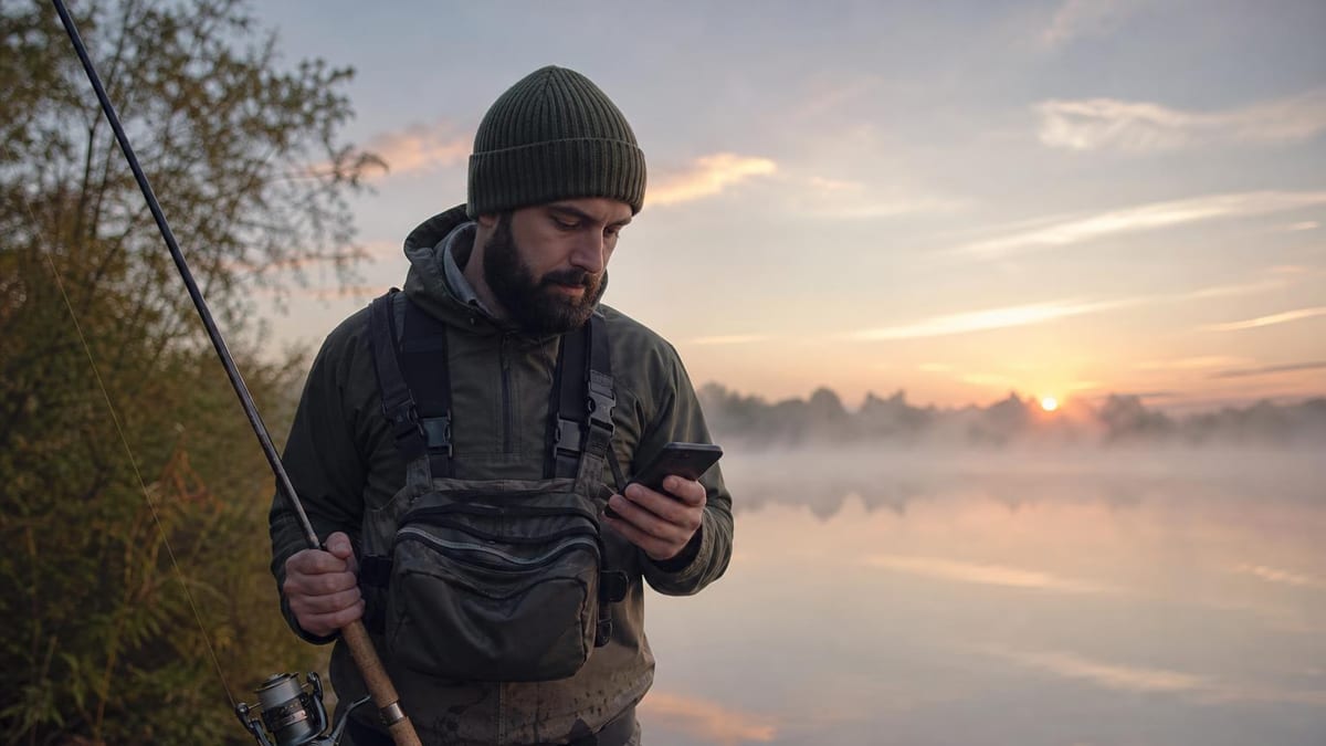 A bearded man in a green beanie and fishing waders holds a fishing rod with a spinning reel while looking at a smartphone beside a misty lake at sunrise