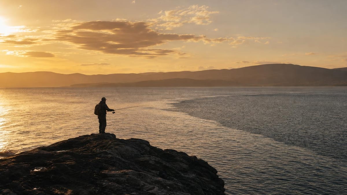 A silhouetted angler wearing a backpack and cap stands on a rocky outcrop holding a fishing rod while facing a calm sea and distant mountains under a golden sunset sky