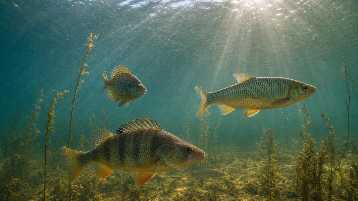 An underwater freshwater scene lit by sunrays showing a striped yellow perch, a bluegill sunfish, and a larger chub swimming among tall aquatic plants over a weedy lakebed
