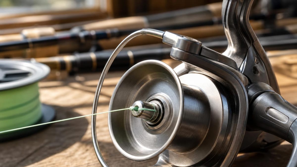 Fresh fishing line tied around the bare metal spool of an open spinning reel on a workbench in warm window light
