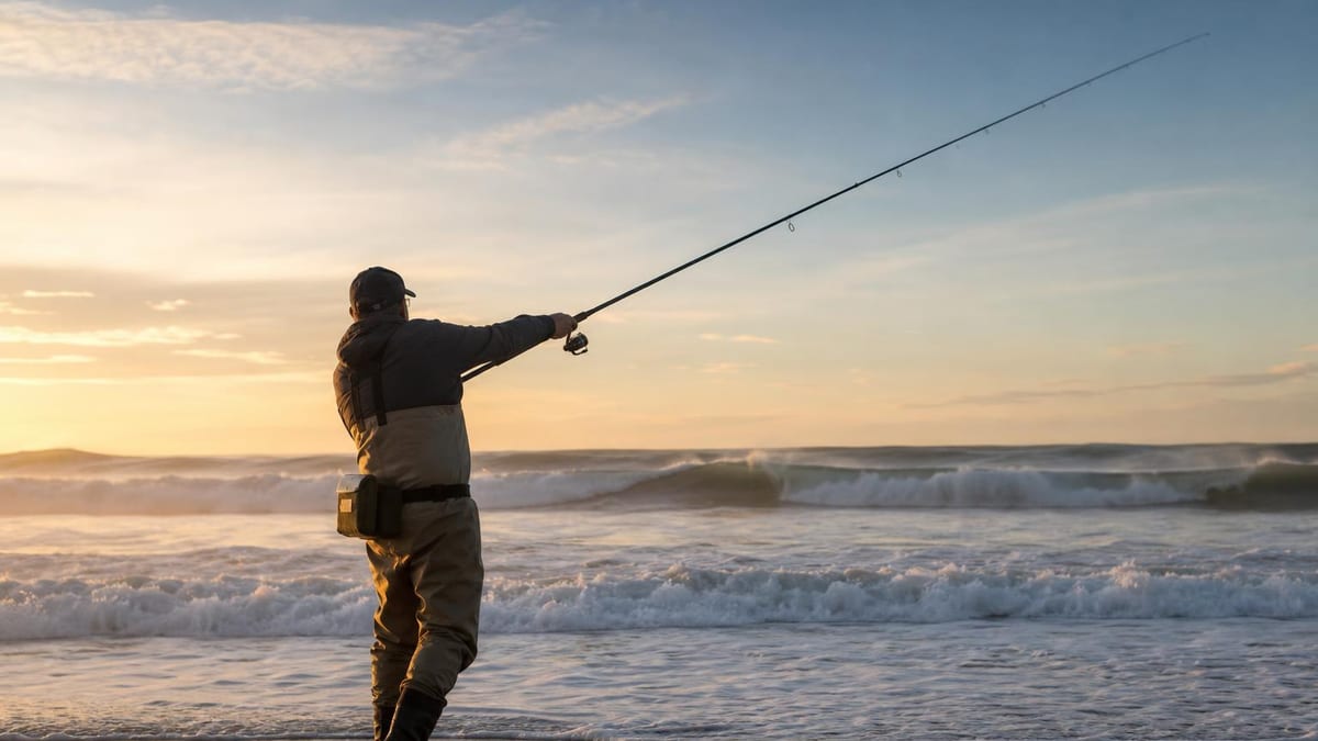 An angler in waders casting a long surf rod into breaking waves at first light on an open sand beach