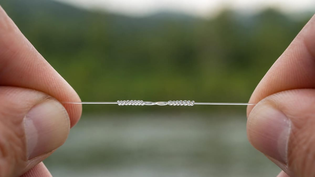 Extreme close-up of two clear tippet sections being joined with symmetrical wraps meeting in the middle, soft river-morning light