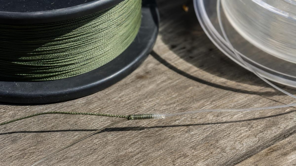 A close-up editorial photograph of a green braided fishing line knotted to a clear monofilament leader on a weathered wooden surface, with a spool of green braid and a spool of clear line in the background