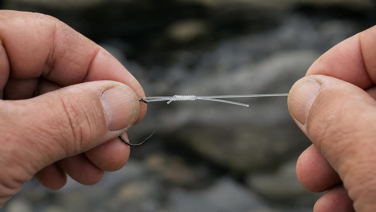 Weathered hands wrapping clear fishing line into neat twists beside a hook, soft overcast light with river stones blurred behind