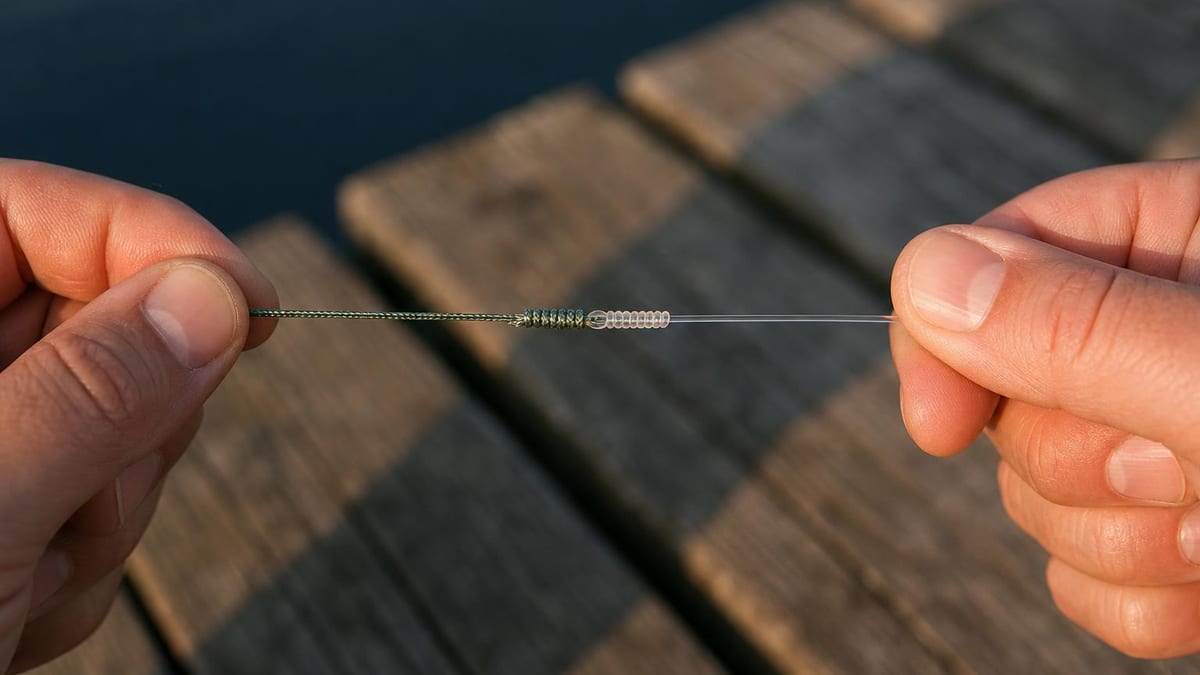 Two different fishing lines — thin braid and clear leader — joined in the middle and held taut between two hands in warm side light