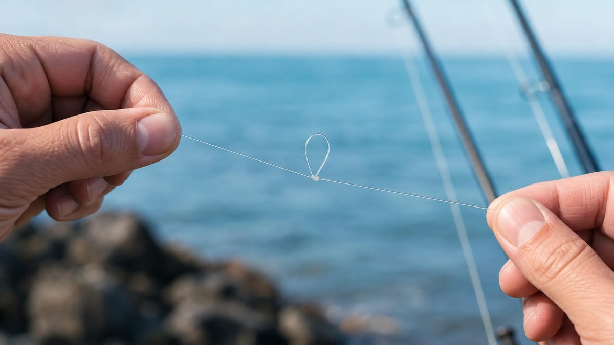 Hands holding a fishing line with a small neat loop standing out from its middle, cool blue coastal light with surf rods blurred behind