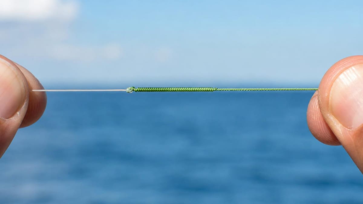 Extreme close-up of a slim woven connection between thin braided line and clear leader held under tension, bright daylight over open water