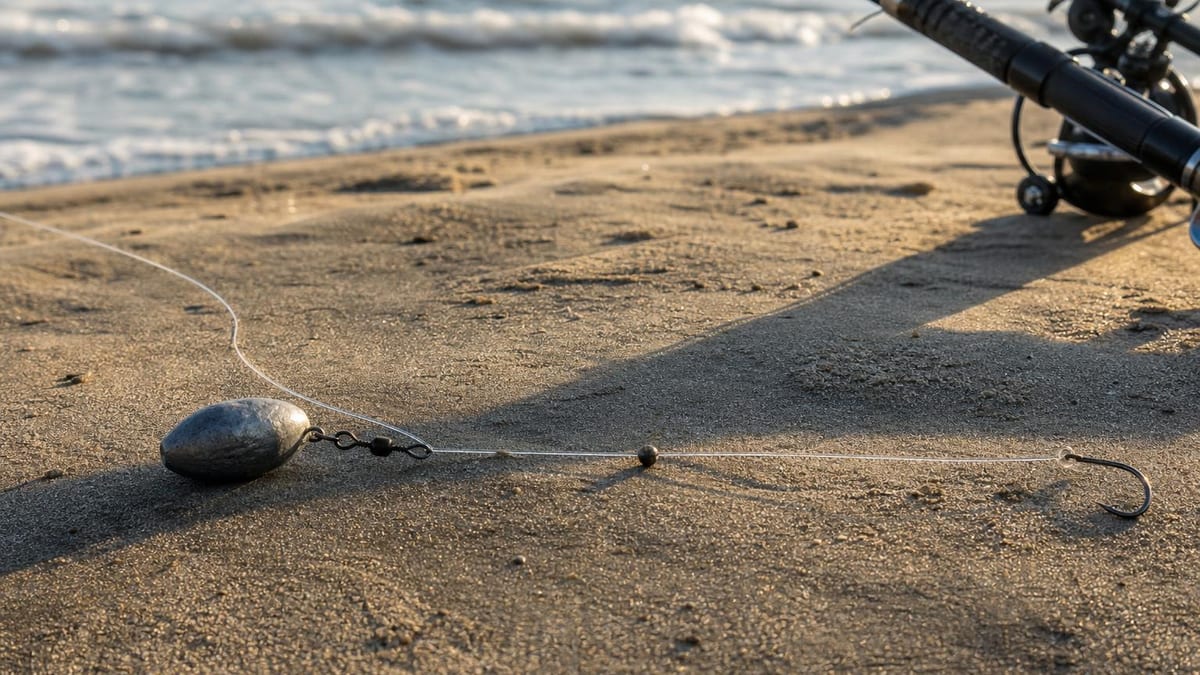 A surf fishing rig laid on wet sand — an egg sinker sliding on the main line above a barrel swivel, leader running to a circle hook