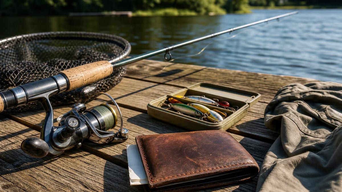 An angler's essentials on sunlit dock planks — rod and reel, landing net, a tackle box of lures, and a folded paper slip tucked beneath a worn leather wallet
