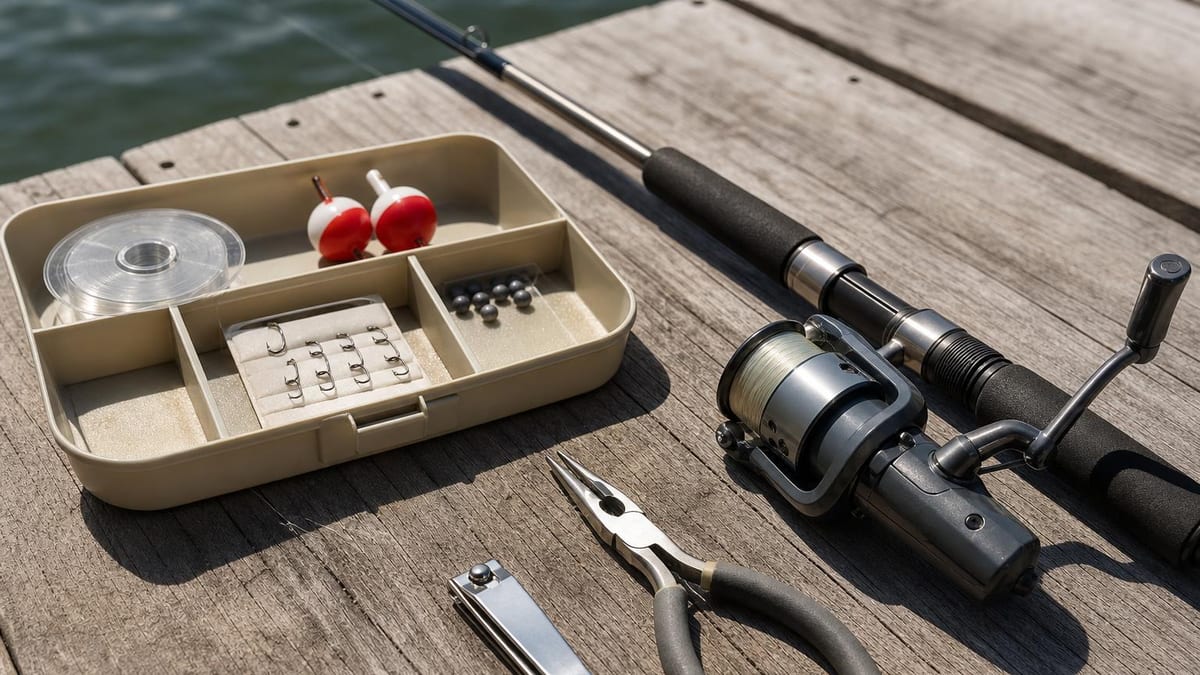 A small open tackle tray on a weathered dock in hard sunlight holding a spool of monofilament, a card of small hooks, split shot and two round red and white bobbers, with nail clippers, needle-nose pliers and a spinning rod and reel laid out beside it