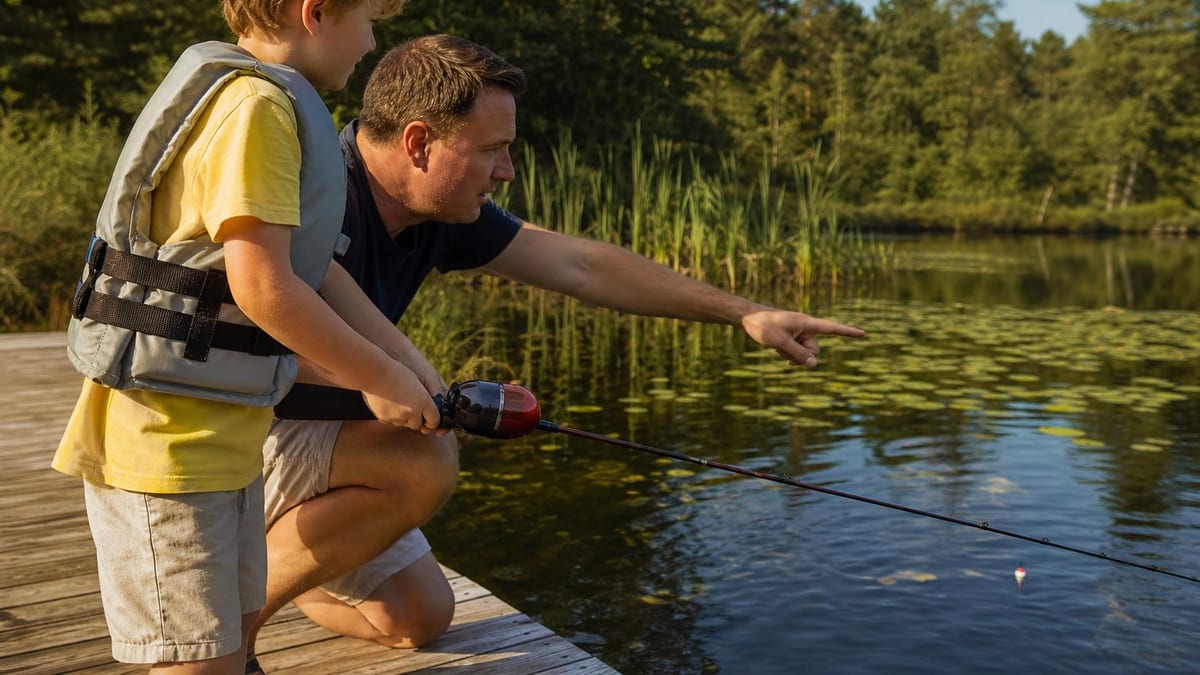 A child in a life jacket holding a short rod on a wooden dock at a summer lake, an adult kneeling beside them pointing at a bobber on the water, weeds and lily pads along the shore