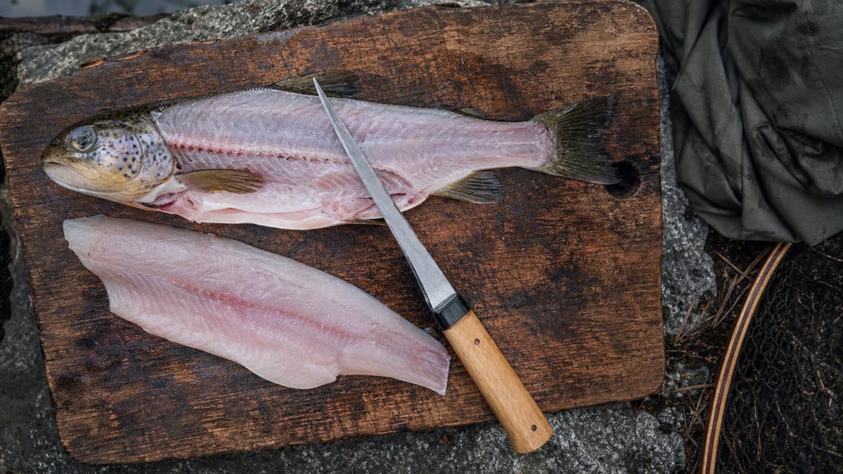 Overhead view of a trout on a weathered wooden cleaning board with one side already filleted, the boneless fillet laid alongside and a thin fillet knife resting across the board