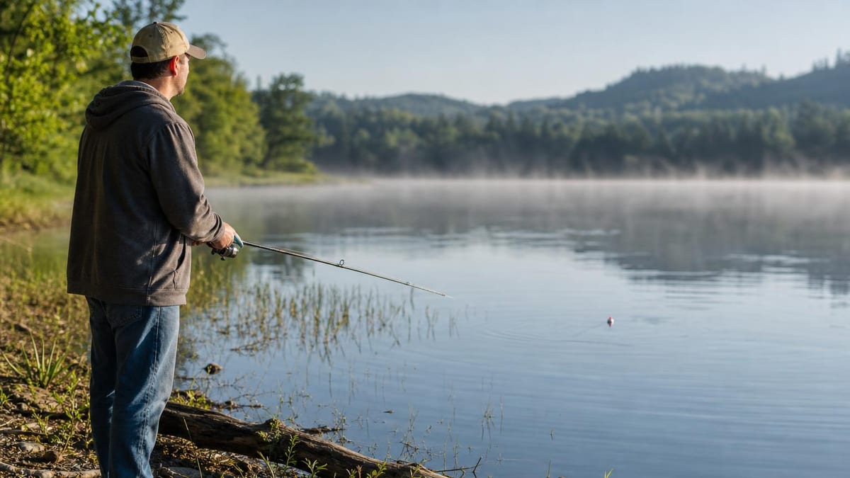 A first-time angler standing on a quiet, misty lake shore at morning, watching a small red and white bobber on calm water, spinning rod held in one hand, weeds and a fallen log along the bank