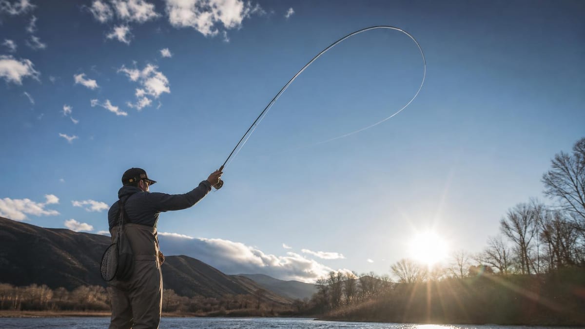 Side view of a fly angler mid-cast, a narrow loop of line unrolling above the rod tip against an open sky