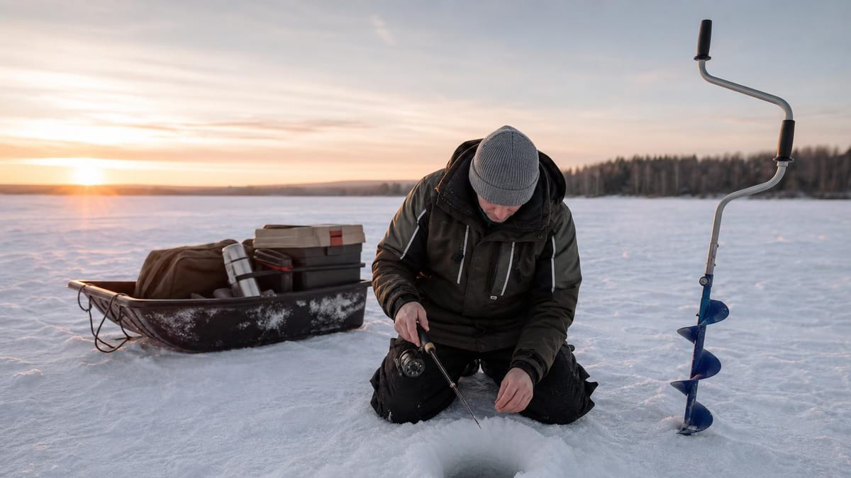 An angler kneeling beside a freshly drilled hole on a snow-covered frozen lake at first light, hand auger standing in the ice beside a sled of gear