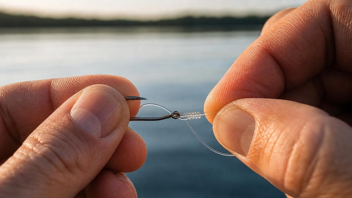Close-up of hands tightening a small fishing knot against a hook eye, monofilament line catching warm morning light over calm water