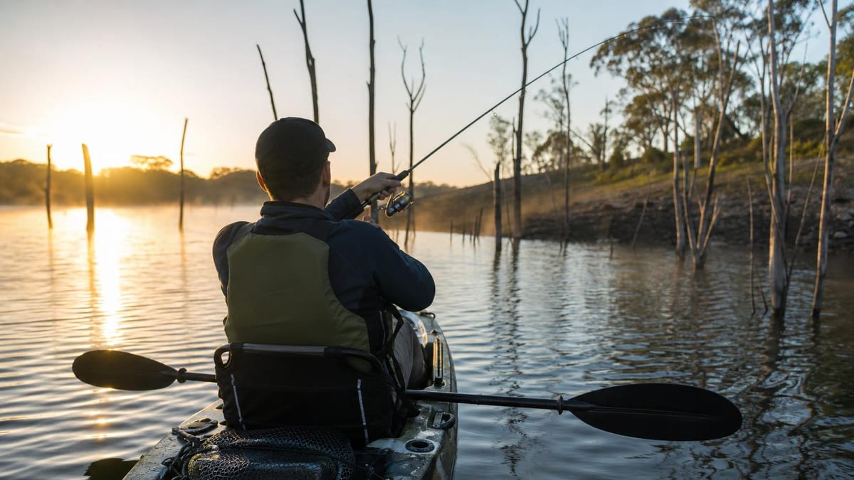 An angler in a life jacket seated in a sit-on-top fishing kayak on a calm reservoir at first light, paddle stowed across the deck, casting toward flooded timber along the shore