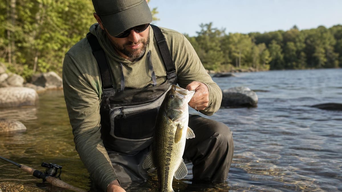 A bearded man wearing sunglasses, a cap, and chest waders kneels in shallow lakewater holding up a largemouth bass by its lower lip, with a fishing rod and reel resting on the water in the foreground and a forested shoreline behind