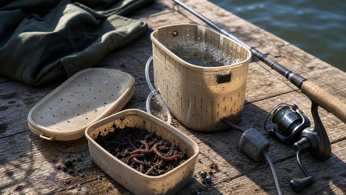 An aerated minnow bucket with its lid off and a small tub of nightcrawlers in dark soil on a weathered wooden dock, a few split shot and hooks beside them and a spinning rod and reel alongside, water beyond the dock edge