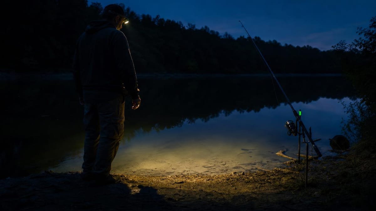 An angler on a river bank at night with a rod propped in a holder, a headlamp lighting the water at their feet and a dark treeline reflected on the surface