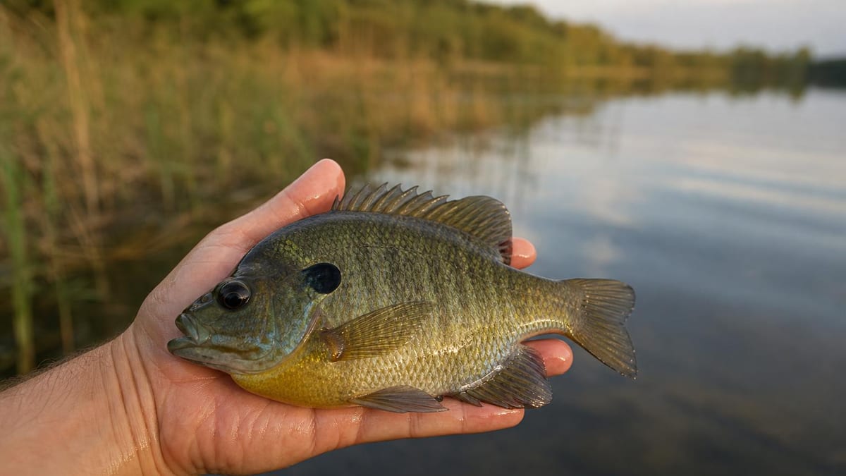 A bluegill held flat in a wet palm above calm water, its dark ear flap and barred flank catching golden-hour light along a reedy shoreline