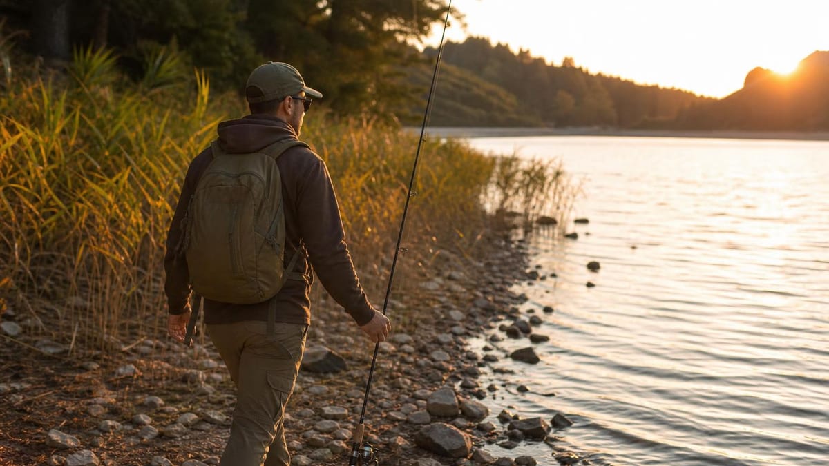 A man wearing a cap, sunglasses, and a green backpack walks along a rocky lakeshore at sunset while carrying a spinning fishing rod, with reeds and forested hills in the background
