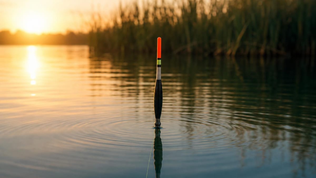 A slender fishing float standing upright in calm lake water at golden hour, line running down into the depths