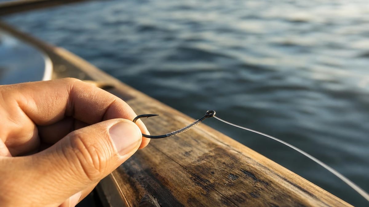 Fingers holding a bare fishing hook while line wraps neatly along its shank, golden-hour light on a wooden boat gunwale