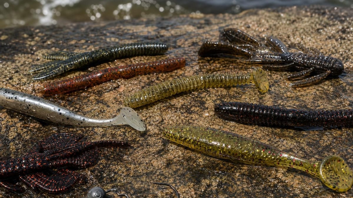 An assortment of colorful soft plastic fishing lures (worms, creature baits, and swimbaits) along with a weighted jig hook arranged on a wet granite rock beside water