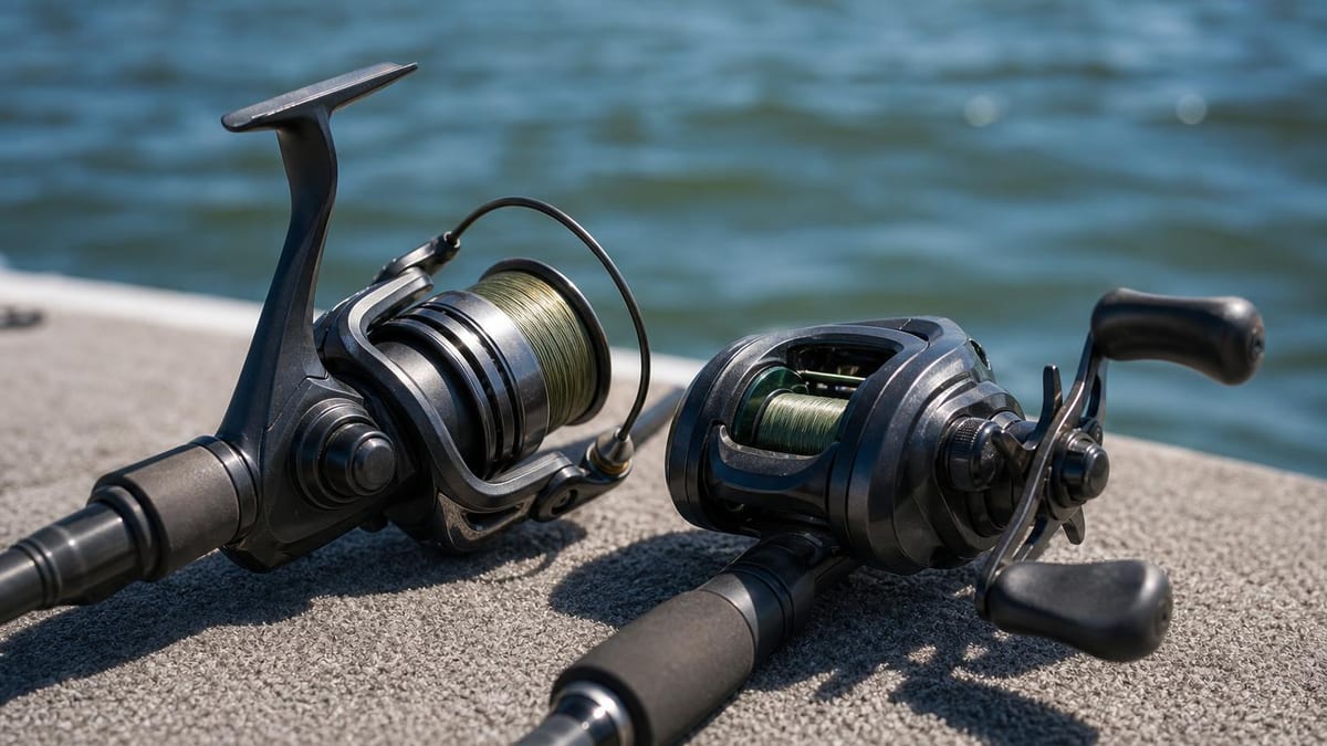 A spinning reel and a low-profile baitcasting reel side by side on a boat deck, side light showing the open-face spool against the enclosed revolving spool