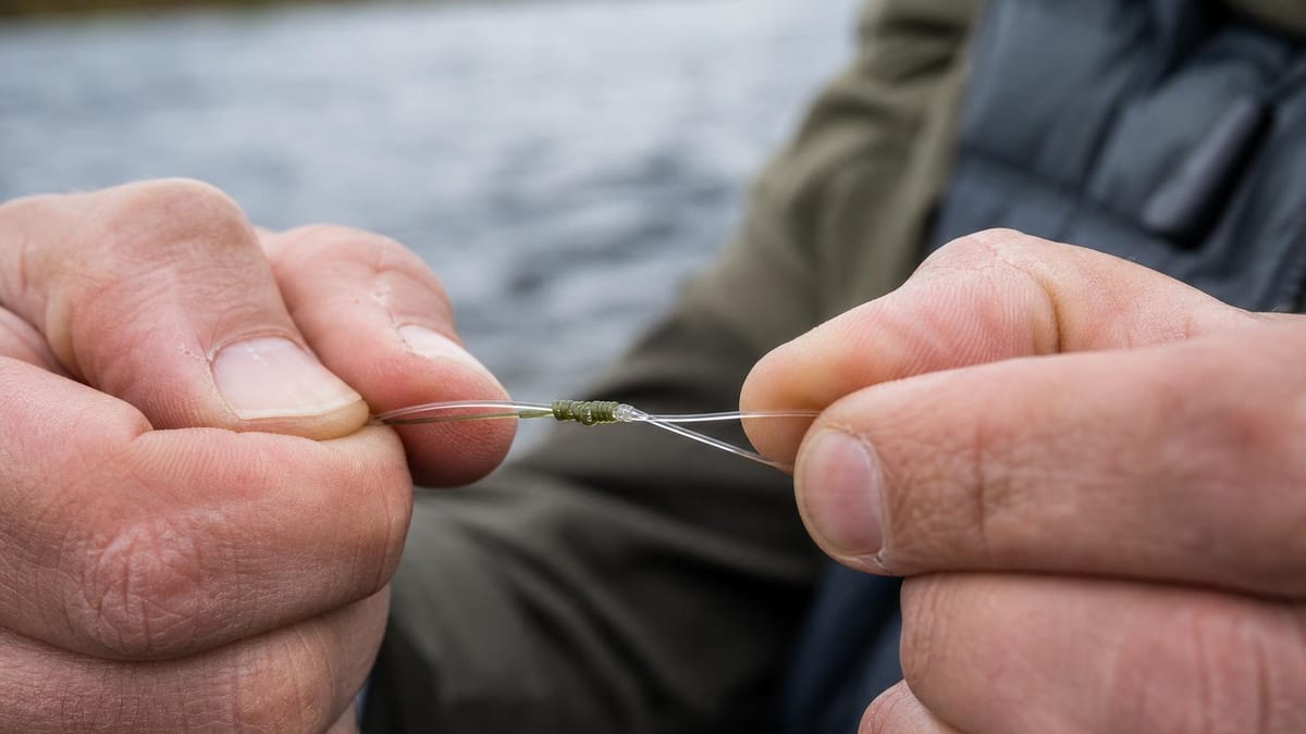 Hands tying two leader sections together with a doubled overhand wrap, one line thicker than the other, neutral riverside daylight