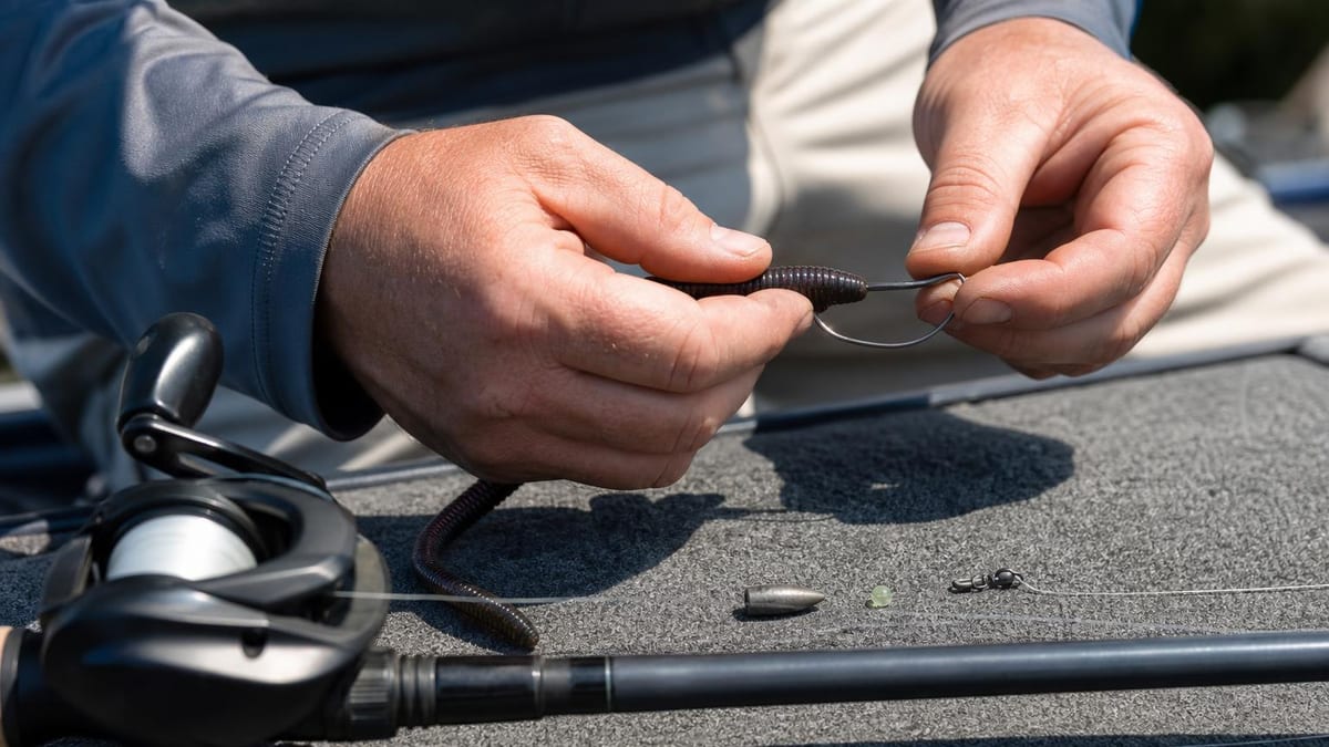 Close-up of a man's hands rigging a soft plastic worm onto a hook while a baitcaster reel and rod, a bullet weight, a bead, and a swivel rest on a carpeted boat deck