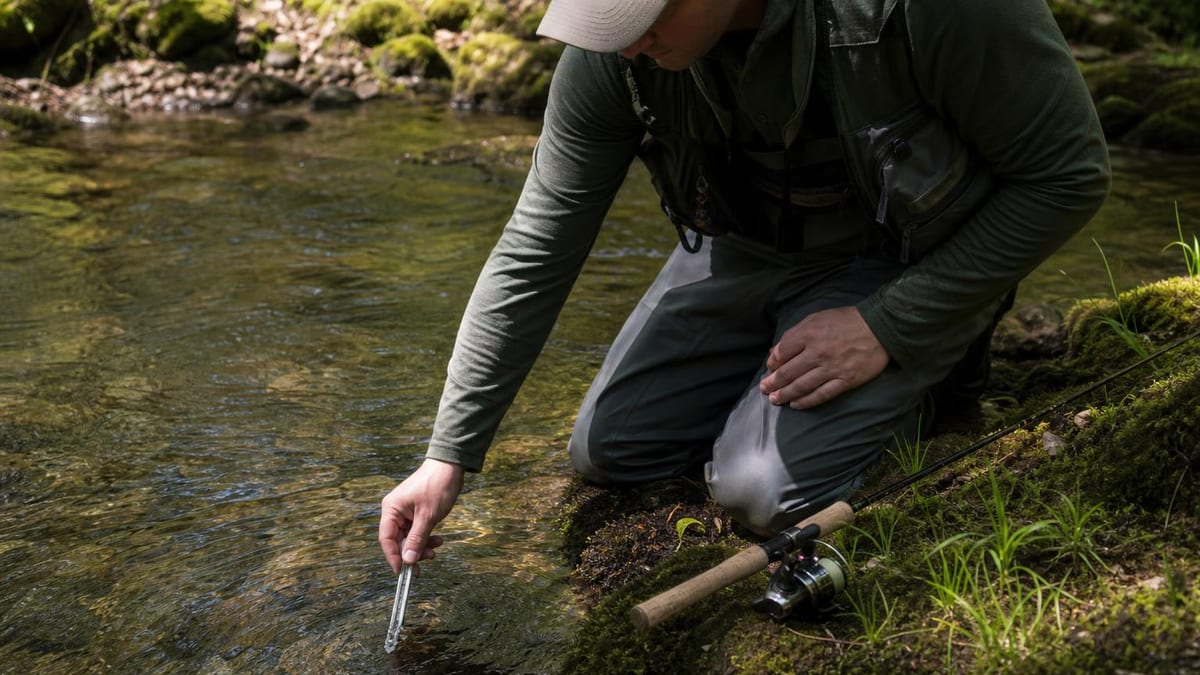 A beginner angler kneeling at the edge of a small clear stream holding a stream thermometer in the water, light spinning rod resting on the bank beside them